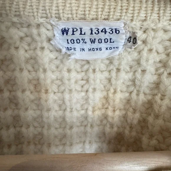 Vintage 100% Wool Chunky Knit Cardigan Cream Fisherman Sweater WPL 13436 Size 40 - Picture 9 of 14